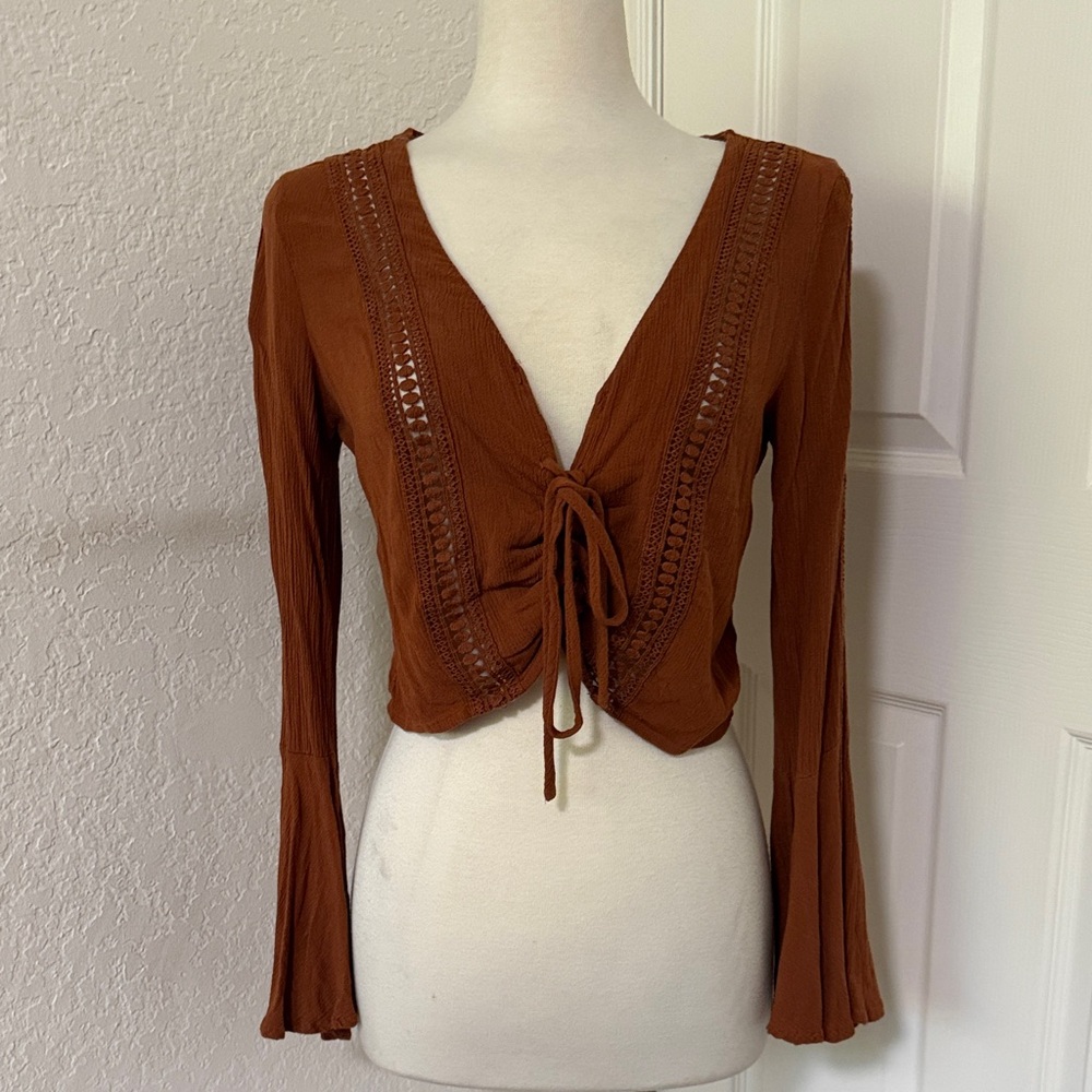 Elegant Rust Lace-Up Crop Blouse